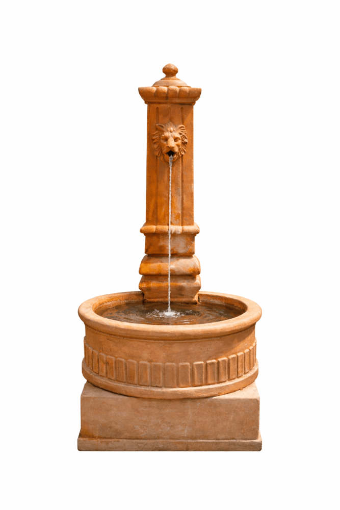 Fontanelle en terre cuite d’Impruneta avec tête de lion – fontaine autoportante au décor antique